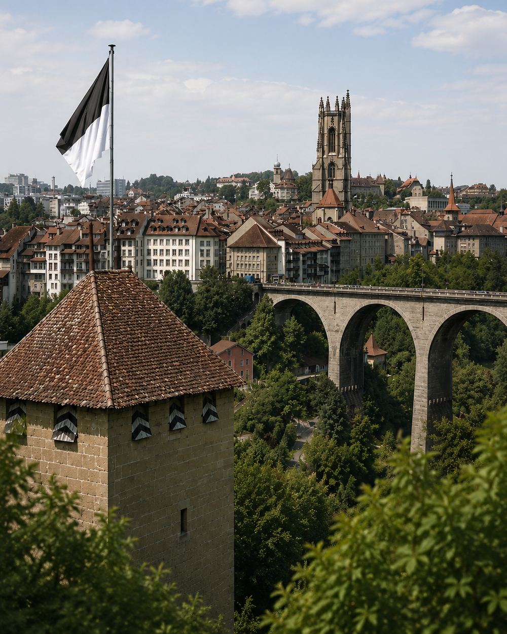 La vieille ville de Fribourg, la cathédrale Saint-Nicolas et le pont de Zaehringen